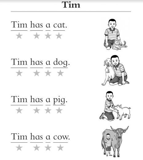 A page of from a Bridge textbook featuring a character called Tim and various animals.